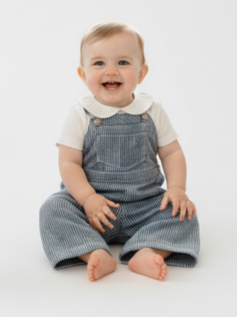 Jardineiras Calças Unisexo Sarja Riscas Azul/Branco