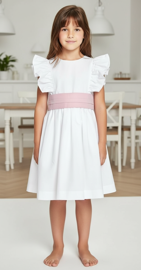 Vestido Branco cerimonia folhos (cor de faixa opcional)